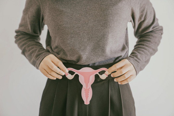 Vrouw houdt een papieren concept vast van de vrouwelijke voortplantingsorganen.